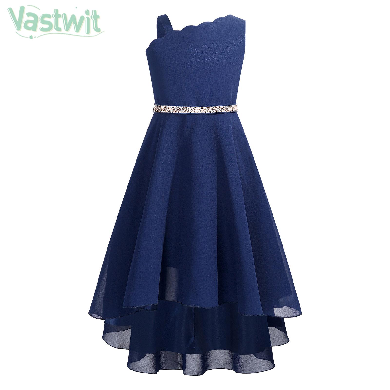 Teens Girls Elegant Party Dresses Sleeveless Hi-Low Chiffon Princess Dress with Shiny Belt Wedding Birthday Evening Pageant Gown