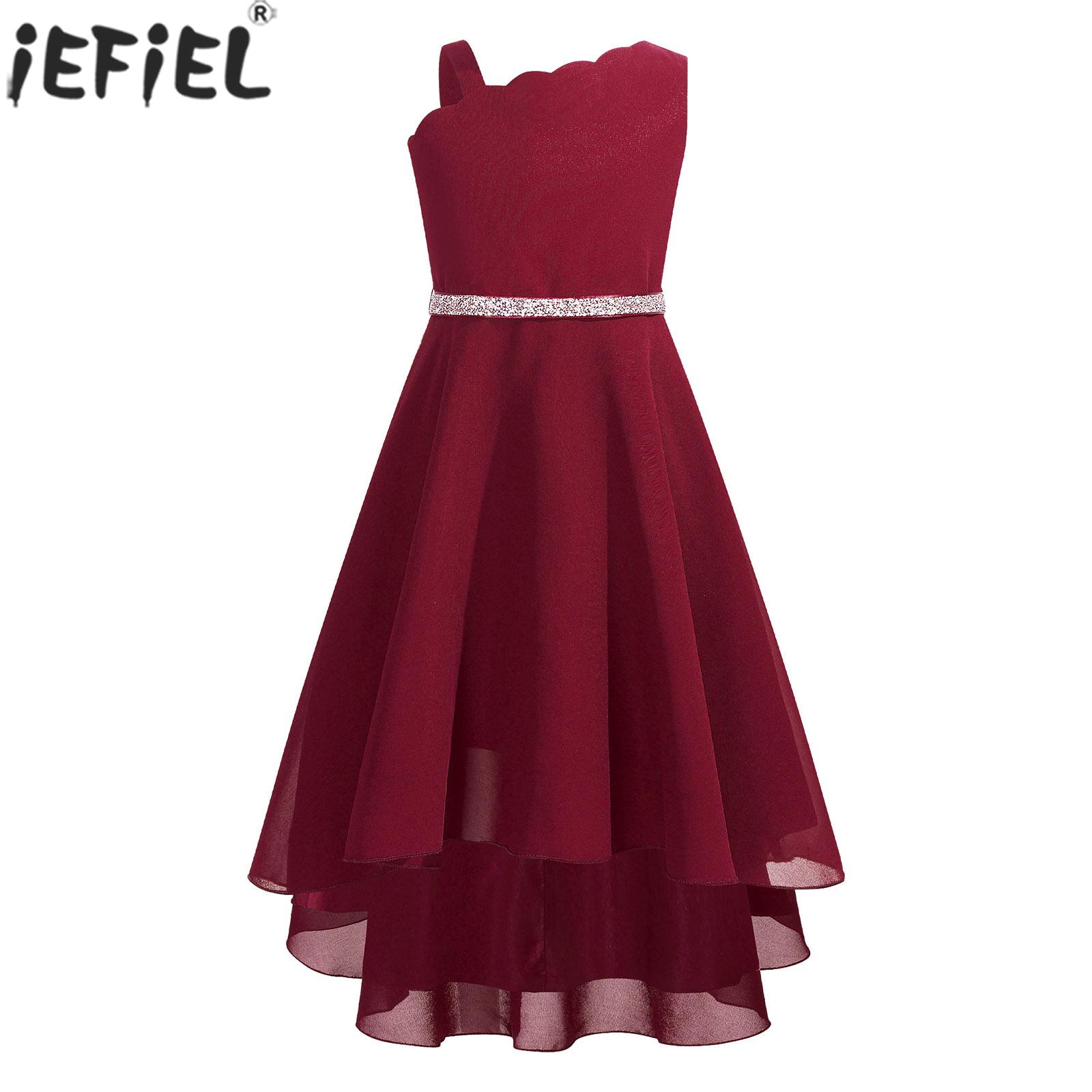 Child Girls Elegant Party Dresses Wedding Birthday Evening Pageant Ball Gown Sleeveless Hi-Low Chiffon Princess Dress with Belt