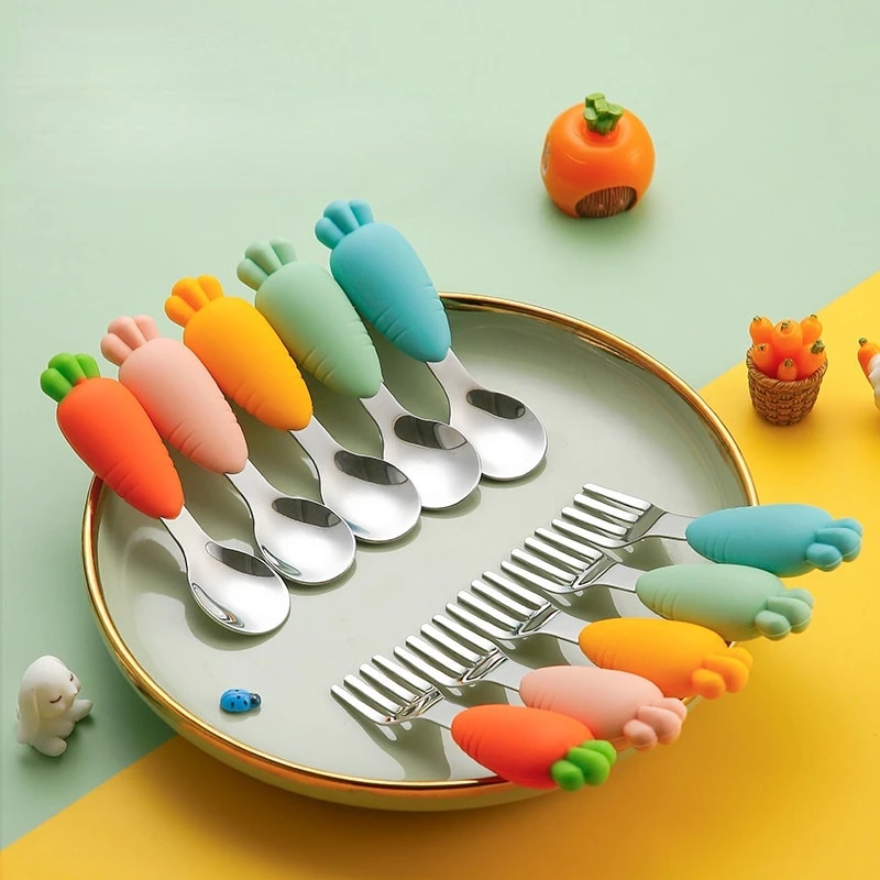 Stainless Steel Baby Feeding Spoon Fork with Silicone Short Handle Kids Carrot Spoon Fork Kit Toddler Tableware Cartoon Utensils