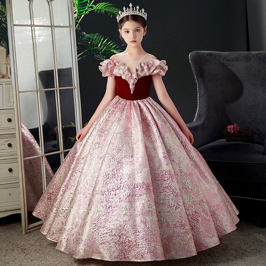Luxury Girls Transparent Back Slim Elegant Prom And Evening Dress 3 To 16 Years Teenager Model Show And Wedding Party Ball Gown