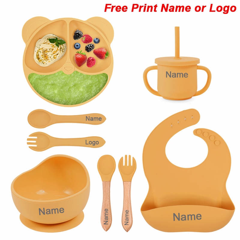 Feeding Set Silicone For Baby Sucker Bowl Dishes Plate For Kids Bear Plate Set Baby Tableware Children's Cup With Straw 8Pc
