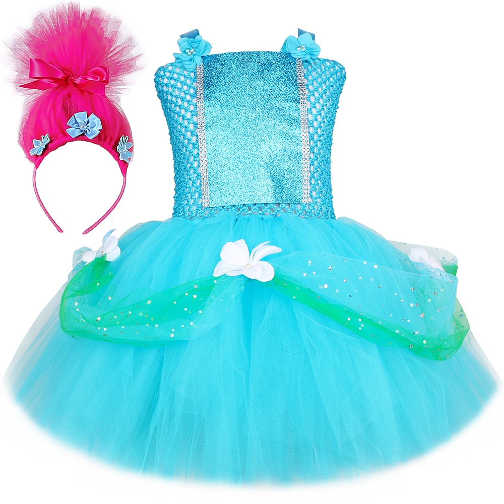 Trolls Dresses for Girls Birthday Party Fancy Tutu Princess Dress Magic Elves Poppy Cosplay Halloween Costume for Kids Clothes