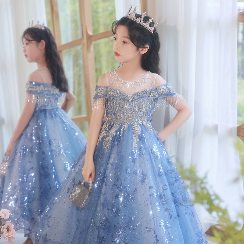 Flower Girls Embroidered Long Evening Gowns Children Formal Occasion Dress for Weddings Pageant Luxury Sweep Train Dresses Kids