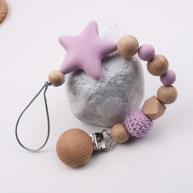 Kids Pacifier Clip Food Grade Silicone Beads Star Pendant Wood Pacifier Chain Clip for Newborn Baby Boy Girl Baby Pacifier Chain