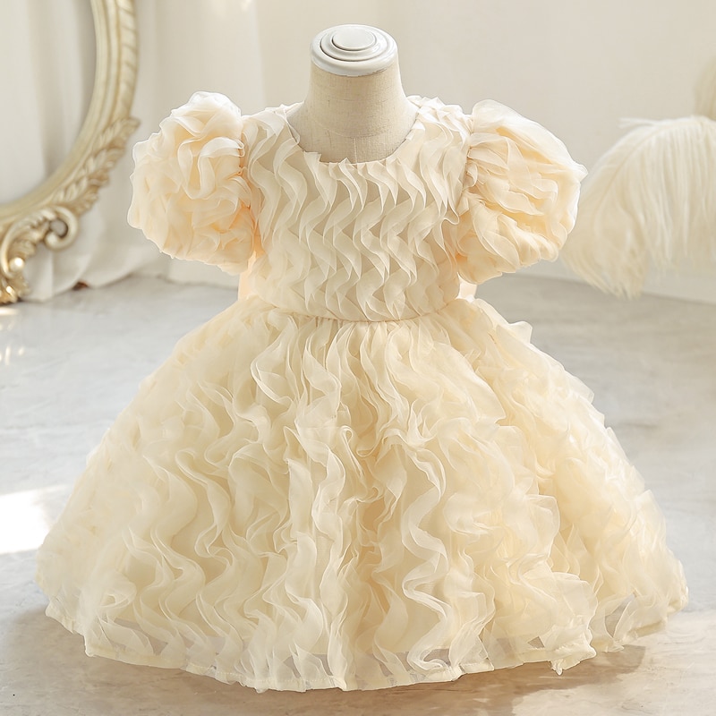 Little child dinner dress Evening dress Heavy Industry Bubble sleeve short style sweet princess dress flower child dress perform