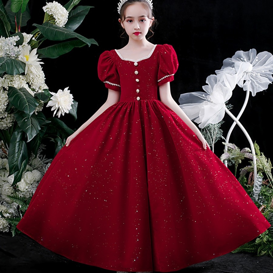 High End Girls Pearls On Square Collar Puff Sleeve Prom And Red Carpet Dress 3 To 14 Years Teen Elegant Pageant And Evening Gown