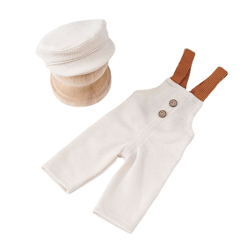 Duckbill Cap and Strapped Long Pants Set Unisex Baby Photoshoot Outfit for 0-1M