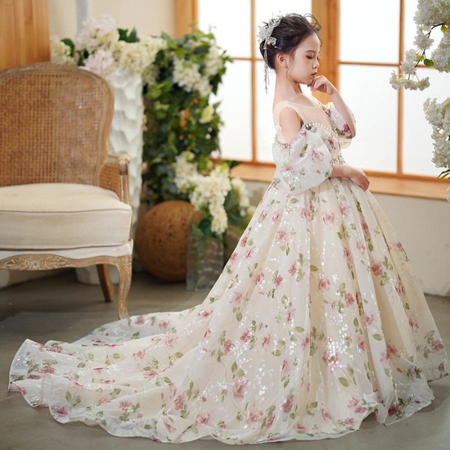 High End Girls Print Flower Model Show And Red Carpet Asymmetrical Dress 3 To 16 Years Teen Wedding Party And Bridesmaid Dresses