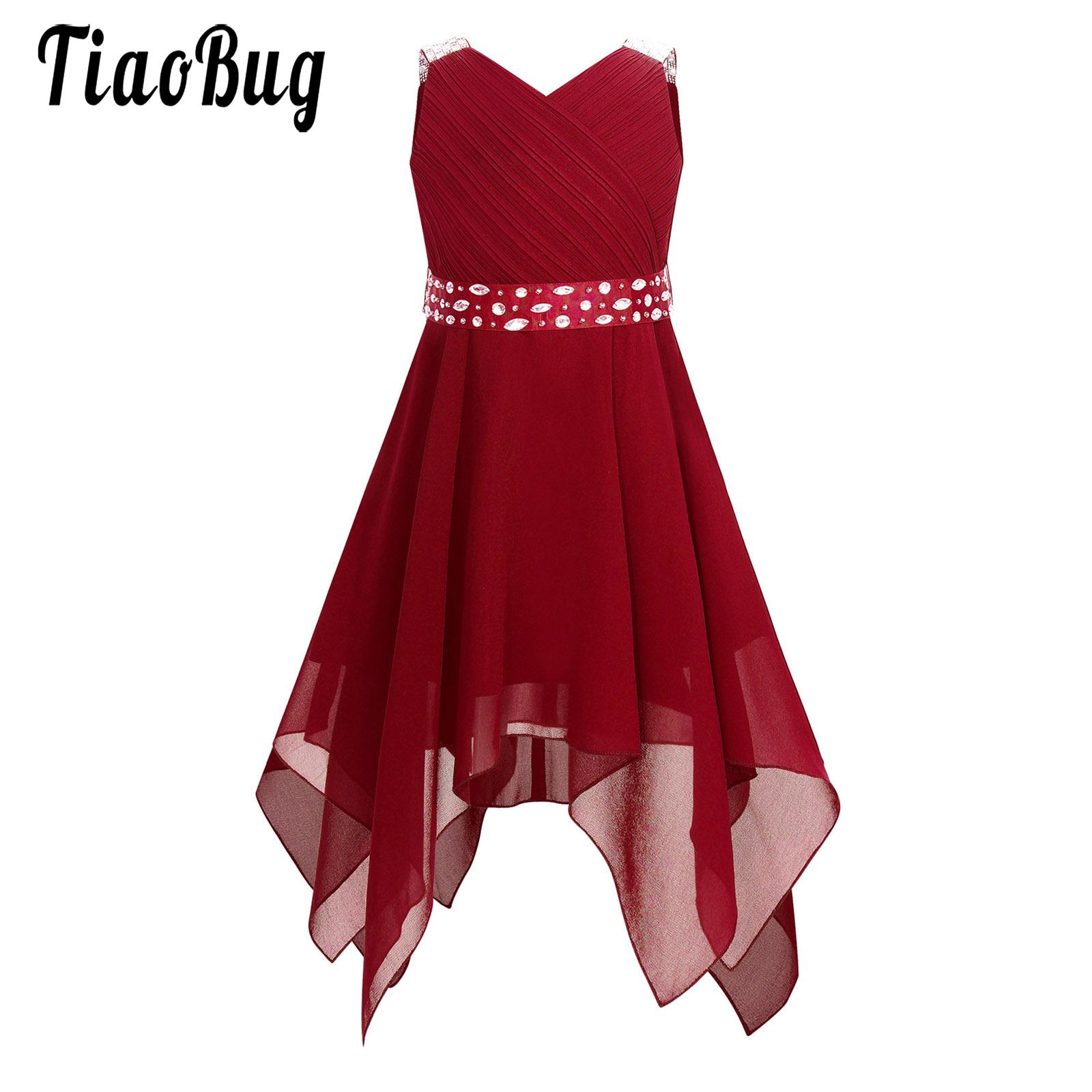Kids Girls Chiffon Party Princess Dress with Belt V Neck Sleeveless Ruched Irregular Hem Ball Gown for Wedding Flower Girl Show