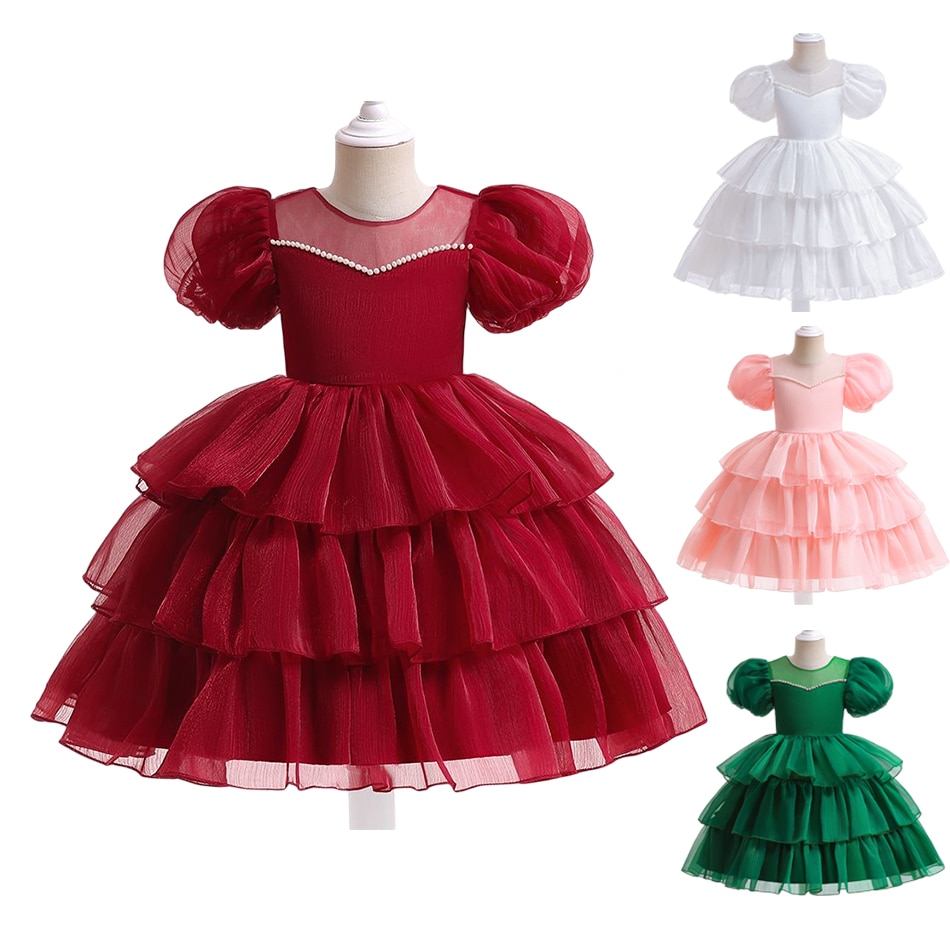 Little Girls Wedding Pageant Fluffy Sleeve Dresses Multi-Layer Tulle Tutu Birthday Party Dress Flower Girl Dress Formal Gown