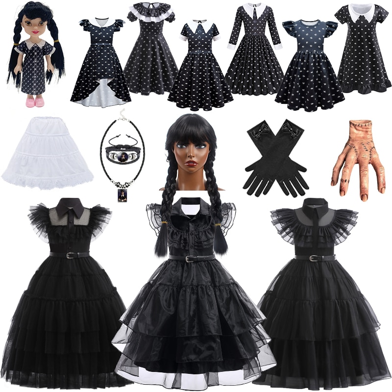 Luxury Children Masquerade Wednesday Costume for Girls Cosplay Kids Wednesday Ruffle Style Tiered Black Performance Party Dress