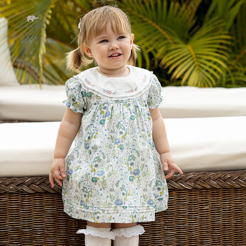 Dave Bella Girl's Dress Children's New Baby 2023 Foreign Style Bubble Sleeves Woven Floral Lovely Summer Outdoor DB223