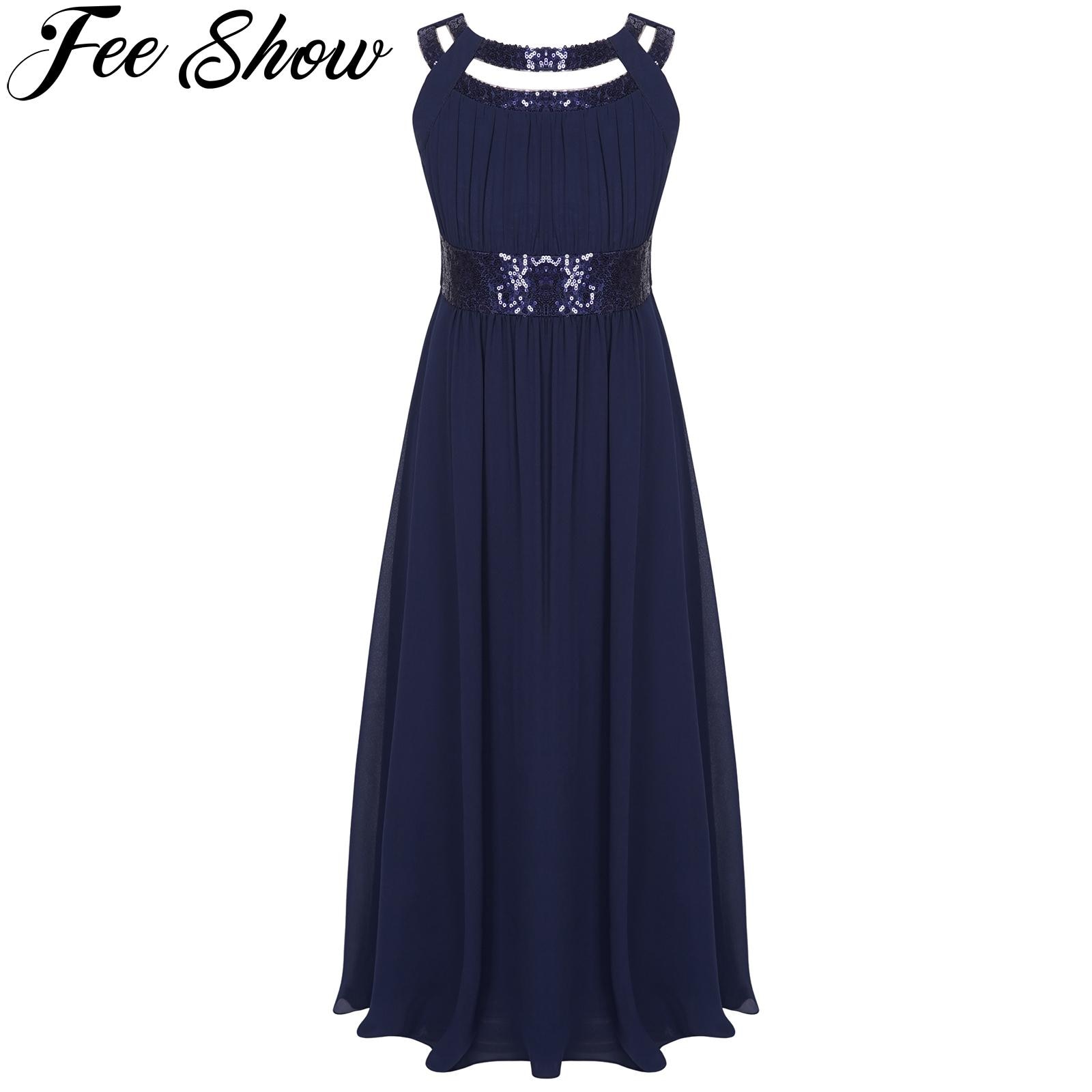 Summer Kids Flower Girls Dress Sparkly Sequin Cutout Party Dress Sleeveless High Waist Chiffon Long Dress for Wedding Evening