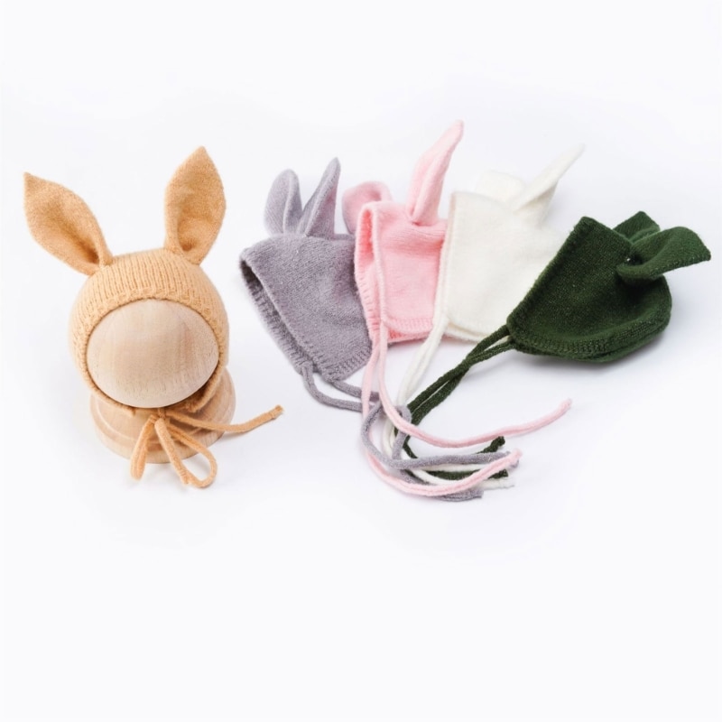 Baby Photo Props Bunny Ear Hat for Newborn 0-1M Infant Hand-Crochet Long Ears Neck Strap Hat Newborns Photo Accessories