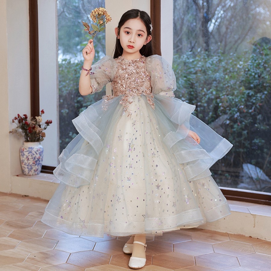 Princess See Through Lantern Sleeve Model Show And Important Occasion Dress 3 To 16 Year Girls Wedding Party And Bridesmaid Gown