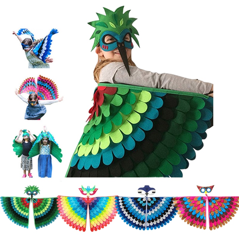 2Pcs Boys & Girls Halloween Outfits Bird Clothes Set Colorful Wings Cloak Head Mask Stage Dress Cute Party Decorative
