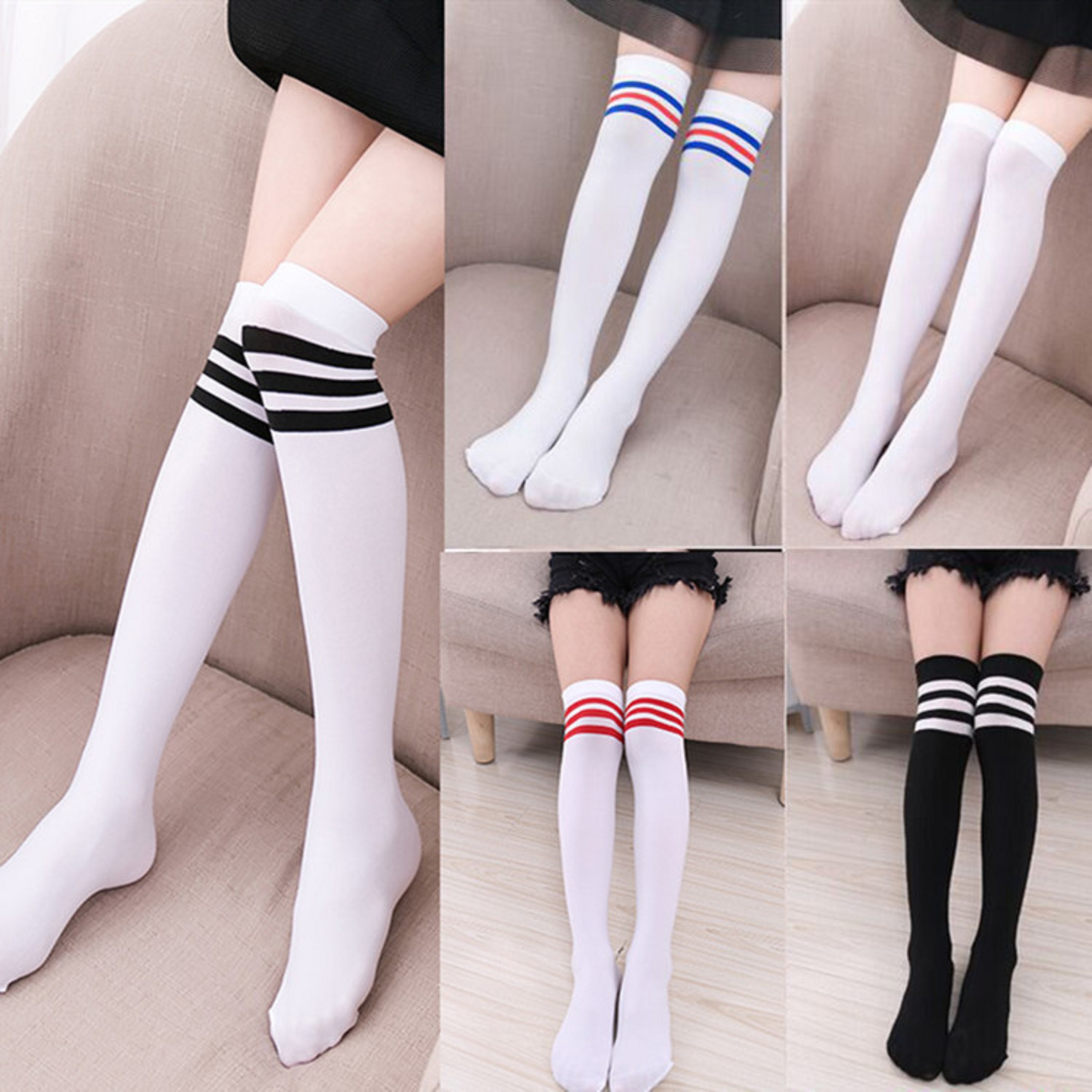 Black White Soild Color Long Socks Women Over Knee Thigh High Over The Knee Sexy Stockings Ladies Girls Warm Knee Socks