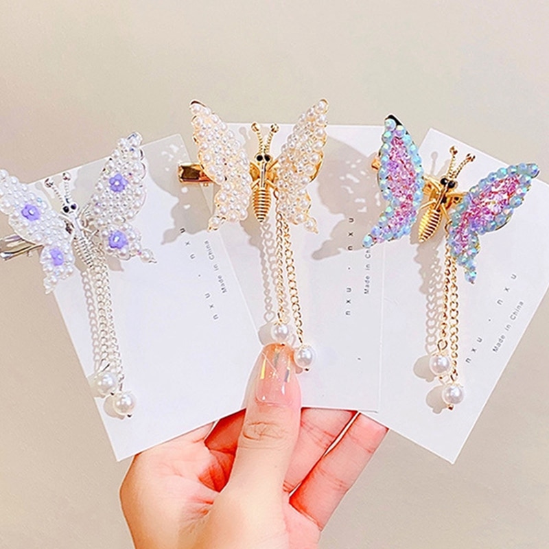 Children Butterfly Hairpin Moving Hair Clip Little Girls Three-Dimensional Barrettes Pearl Tassel Hair Accessories Kids Gift