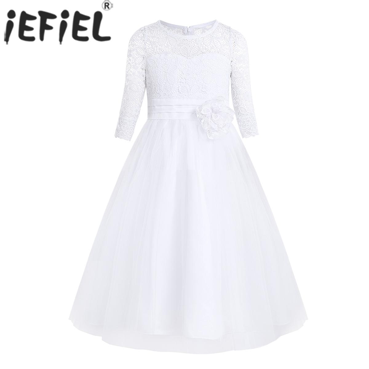 Kids Girls Elegant Princess Dress White Lace Mesh Flower Girl Dresses Half Sleeve Bridesmaid Wedding Birthday Party Ball Gown