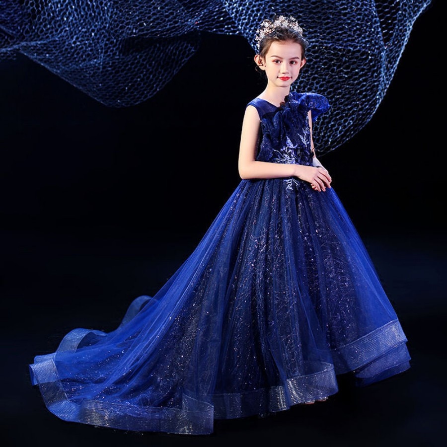 Gorgeous Girls Embroidery Back Tie Evening And Model Show Ankle Lenght Asymmetrical Dress 3 To 16 Years Royal Blue Prom Dresses