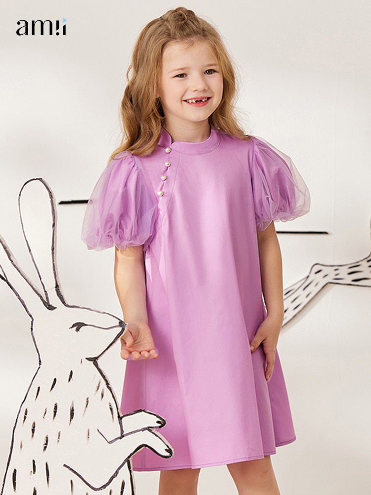 Amii Kids Formal Occasion Dresses 2023 Summer New Chinese Style 100% Cotton Puff Sleeves Cheongsam Girls Dress Clothing 22312005