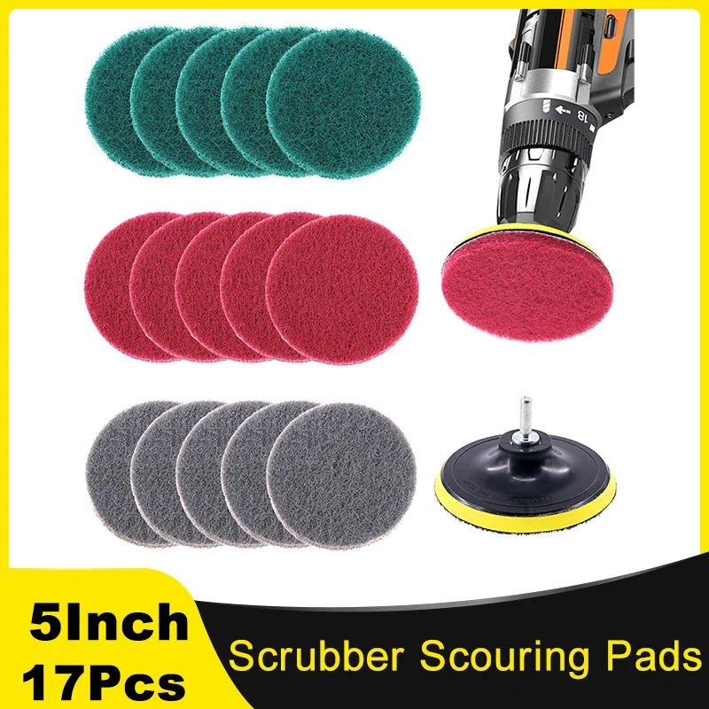 17 Pcs 5 Inch Scrubber Scouring Pads Cleaning Kit with Backing Pad for Car Kitchen Tiles Tubs Glass