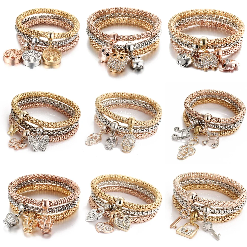 3Colors/Lot Tree Of Life Elastic Bracelet Set For Women Crystal Owl Key Lock Music Note Butterfly