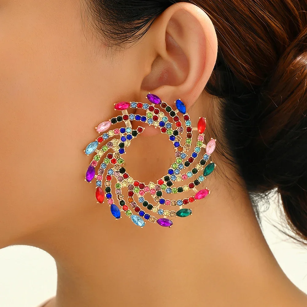 Fashion Sun Flower Round Crystal Big Stud Earrings For Women Trend Luxury Unusual Prom Party Charm