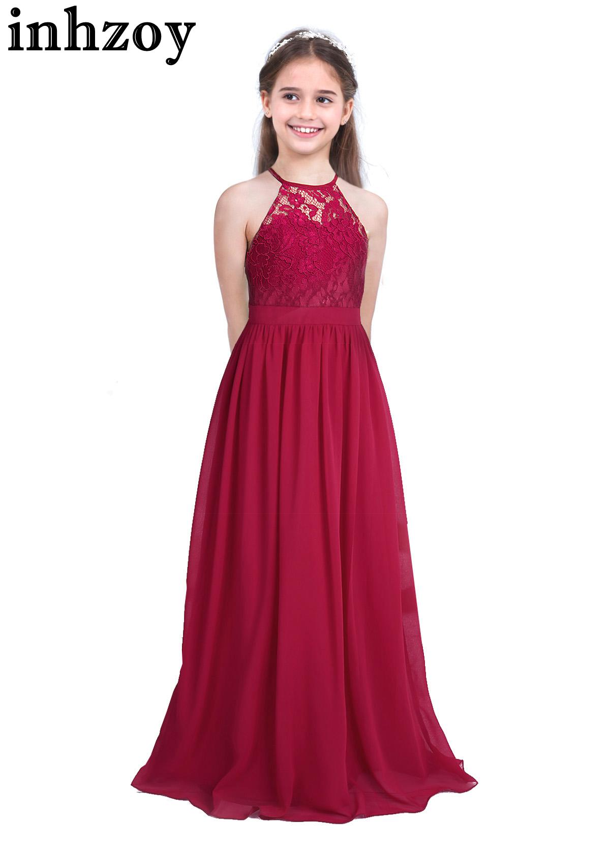 Kids Girls Halter Neck Floral Lace Chiffon A-line Princess Dress Flower Girls Bridesmaid Wedding Pageant Birthday Party Gowns