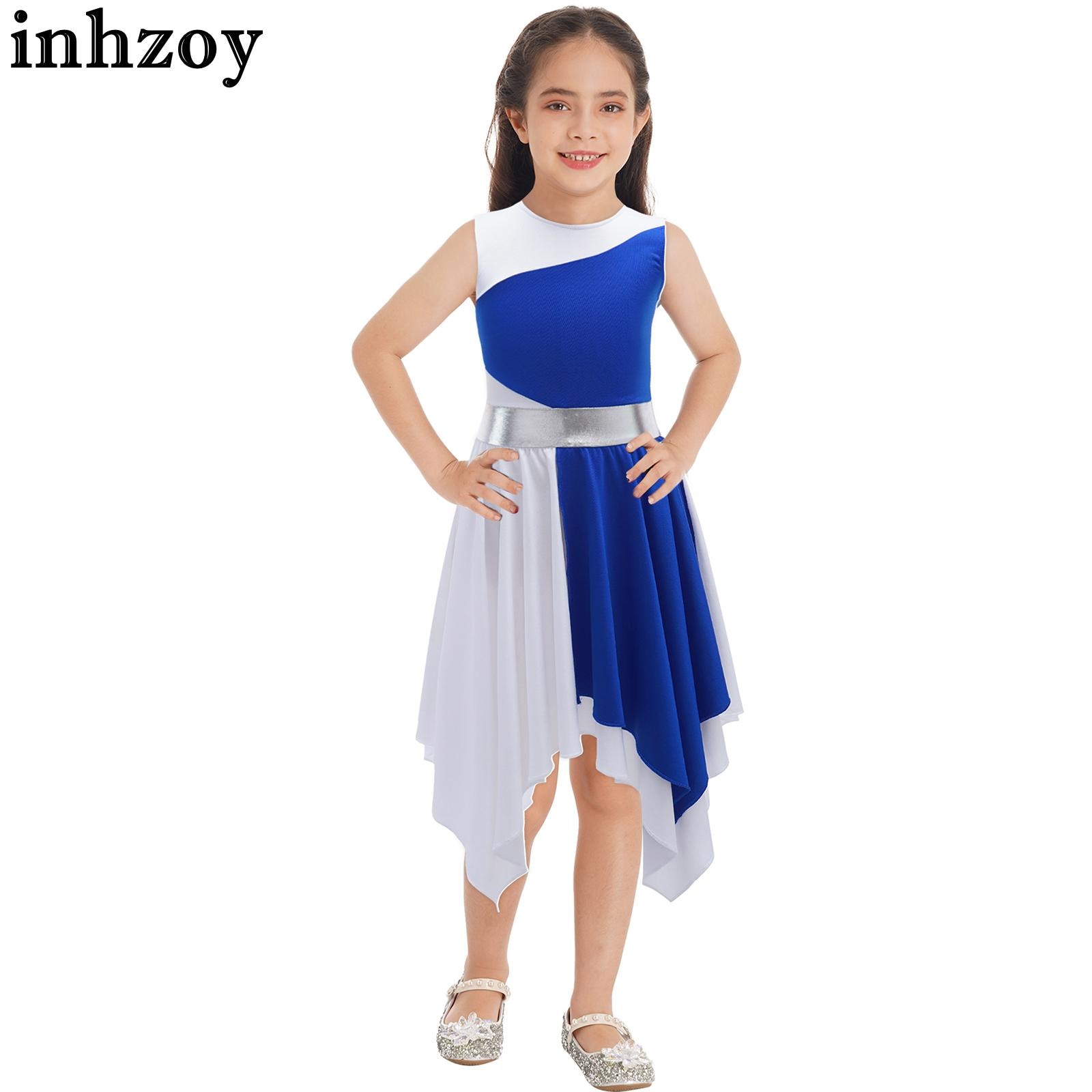 Kids Girls Lyrical Modern Contemporary Dance Dress Sleeveless Asymmetrical Color Block Dress Prom Party Stage Performance Outfit