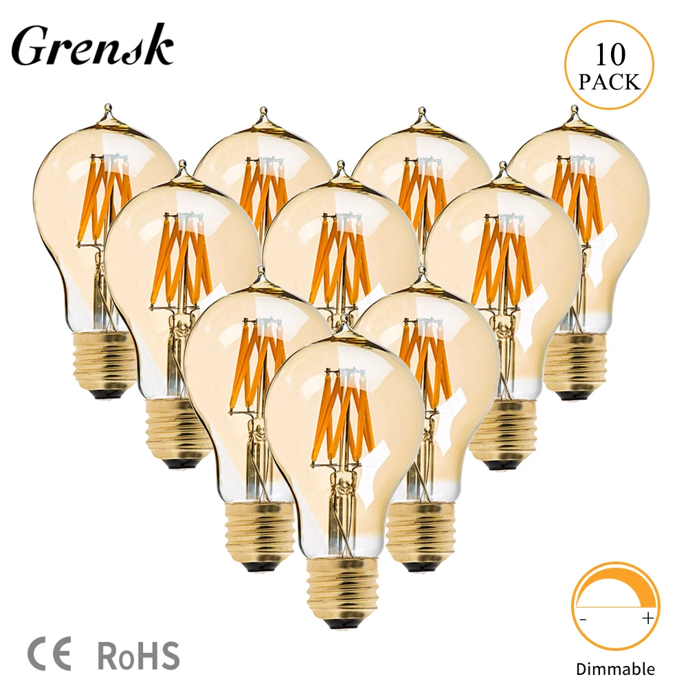 Grensk Dimmable Vintage Edison Filament Lights Bulb LED Lamp E27 220V Led Bulb E27 A60 8W Yellow
