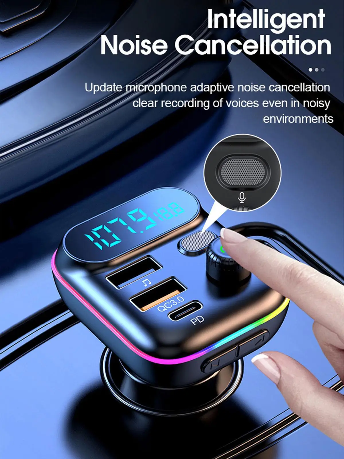 Car Fast Charge Bluetooth 5.0 FM Transmitter PD Dual Player Music Type-C Colorful Ambient MP3 Light