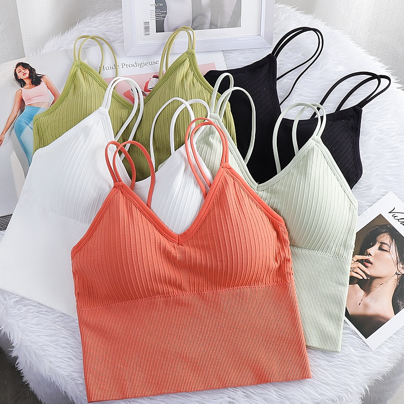 2023 Women Sexy Seamless Crop Tops Sports Bra Tube Top Camisole with Removable Underwear Female Tank Top Solid Color Vest