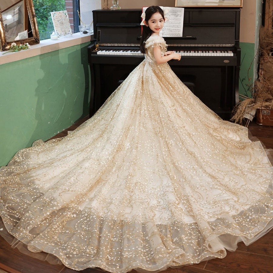 High End Girls Champagne Important Occasion And Wedding Party Ankle Length Dress 3 To 16 Year Princess Gala And Bridesmaid Dress