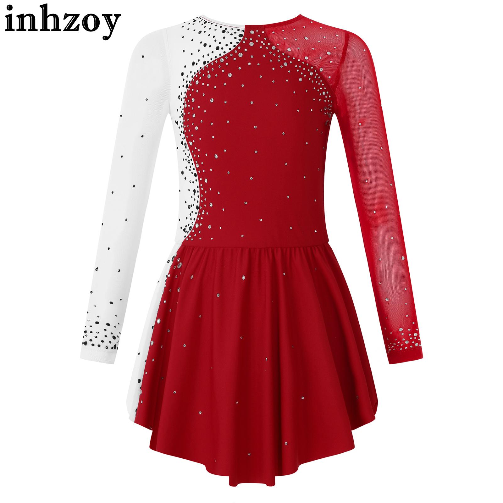 Kids Girls Skating Gymnastic Costume Long Sleeve Shiny Rhinestone Decor Contrast Color Skirted Leotard Ballet Latin Dance Dress