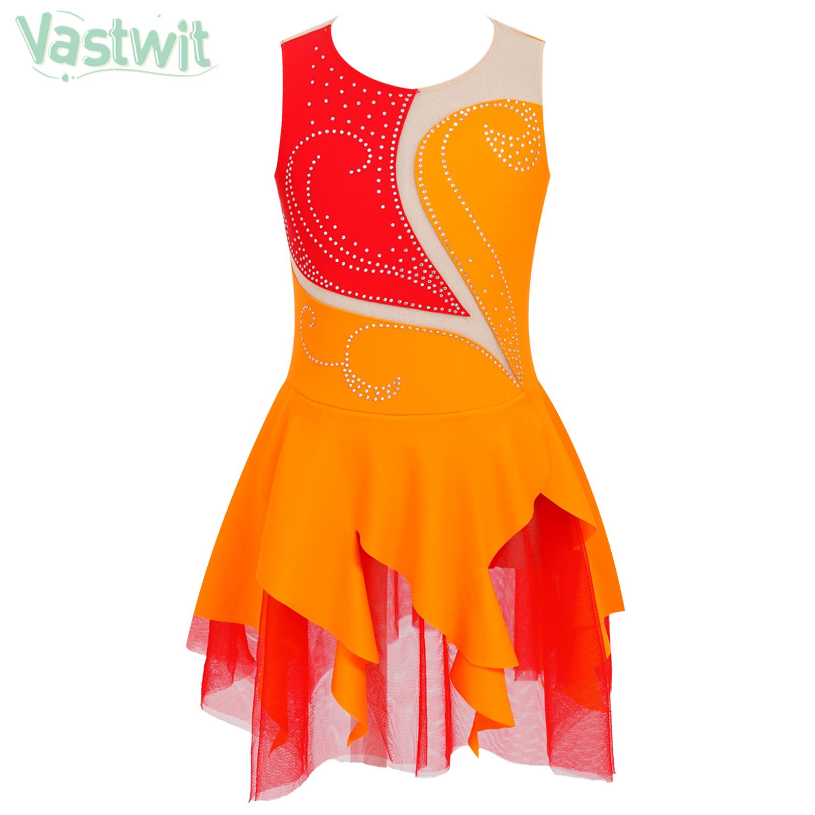 Girls Figure Ice Skating Dress Lyrical Dance Ballet Gymnastics Leotard Tutu Sleeveless Rhinestone Stage Performance Dancewear