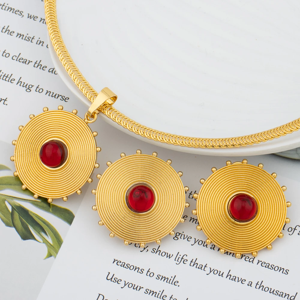 Fashion Jewelry Sets Women 18K Gold Plated Drop Earrings and Pendant Set High Quality Copper African