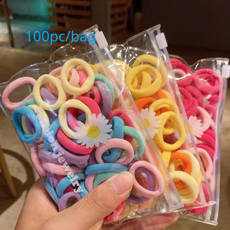100Pcs Elastic Rubber Band Girl Fashion Towel Hair Ring Color Nylon Head Rope Women's Korean Version Hair Rope Hair Accesso