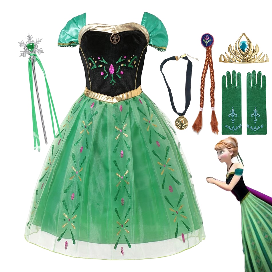 Disney Anna Princess Dresses Children Girl Cosplay Costume Kids Summer Clothes Halloween Birthday Carnival Robe Party Disguise