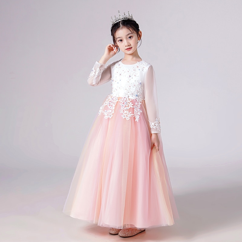 CW683 Spring and Autumn New Line Girls' Mesh Long Sleeve Rainbow Gradient Dress Sweet Ponchy Skirt Performance