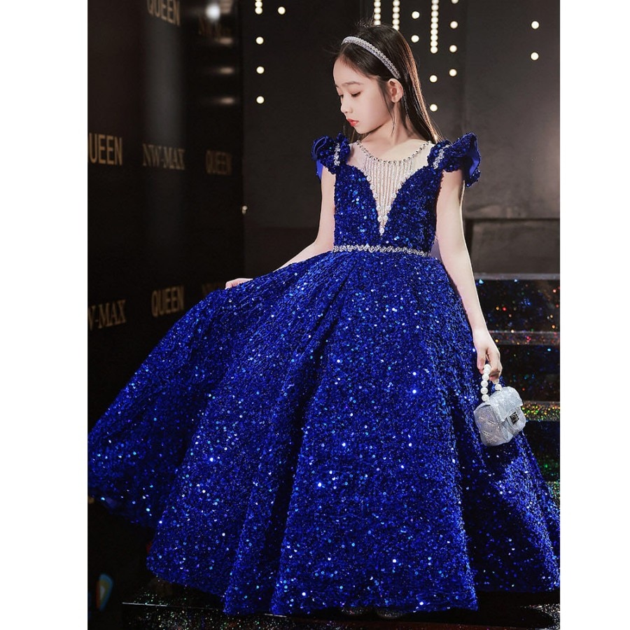 High End Princess Royal Blue Shine Sequined Evening And Prom Dress 3 To 14 Year Girls Backless Wedding Party And Bridesmaid Gown