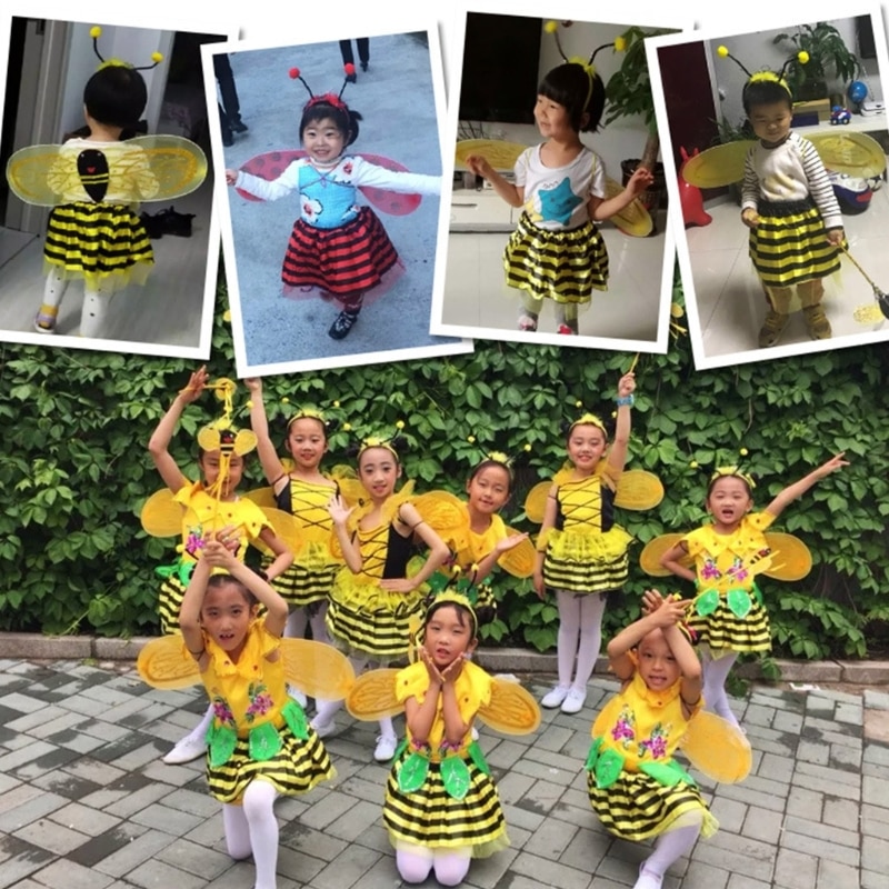 4Pcs/Set Girls Bee Fairy Princess Clothes Cosplay Prop Kids Lace Tutu Skirt Wing Wand Cartoon Hair Accessories Stage Dance Wear