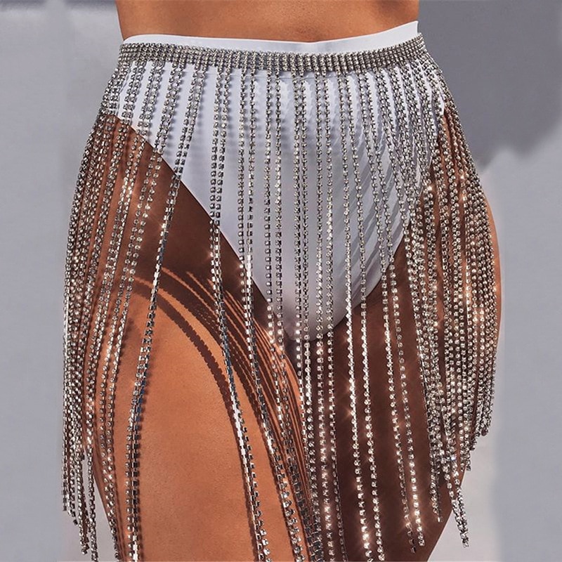 Glitter Rhinestone Tassel Belly Waist Body Chain For Women Summer Sexy y2k Metal Sequins Festival Rave Mini Skirt Accessories