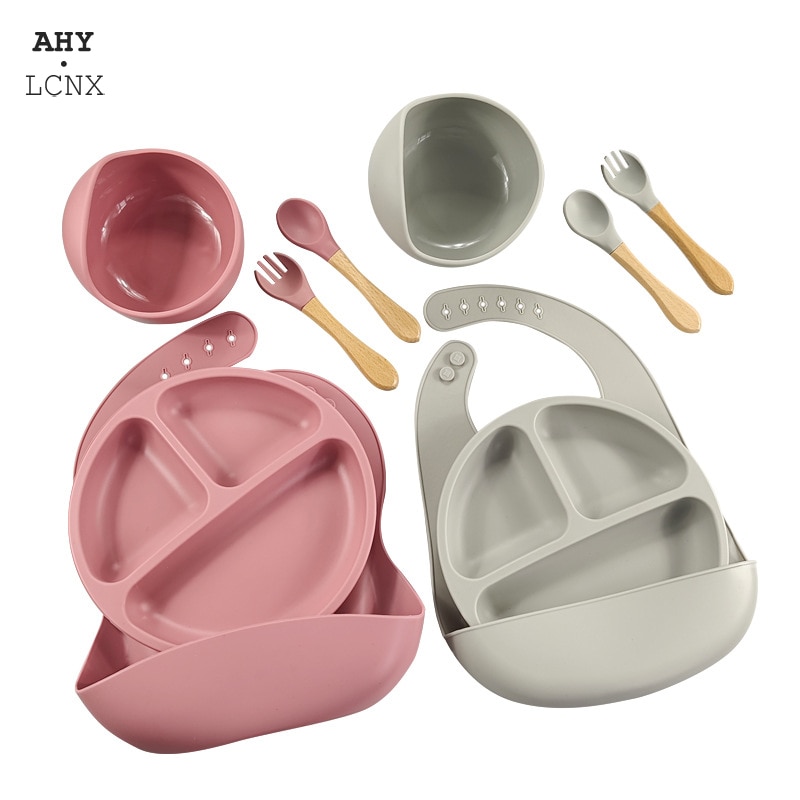 5Pcs Baby Silicone Tableware Bibs Set Infant Cute Sucker Bowl Newborn Feeding Burp For Toddler Divided Food Plate Fork Spoon Set
