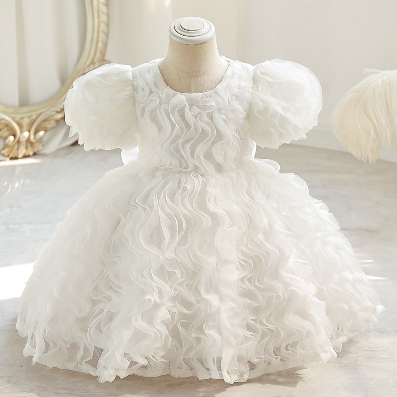 W003 Girls' Court Style Short Dress Children's Princess Bubble Sleeves Mesh Puff Skirt Little Host Performa