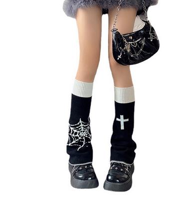 Women Fashion Gothic Leg Warmers Cross Spider Web Print Contrast Color Shoes Cuffs Covers Super Soft Knitted Boots Cover