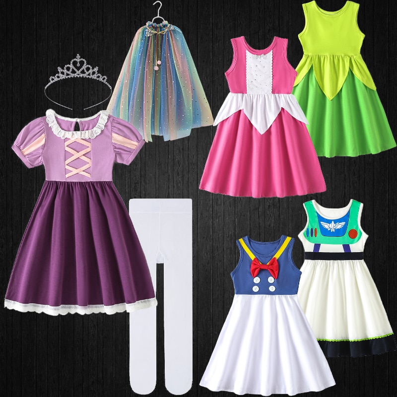 Summer Fancy Girl Cotton Casual Fairy Tinker Bell Rapunzel Princess Dress Holiday Kids Beach Elegant Party Cartoon Baby Clothes