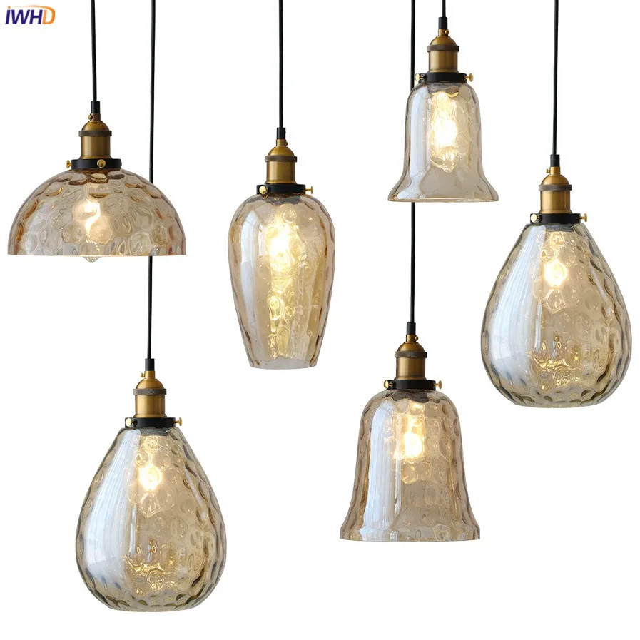 IWHD Amber Glass Vintage Pendant Lamp LED Edison Bulb Bedroom Restaurant Loft Industrial Lighting