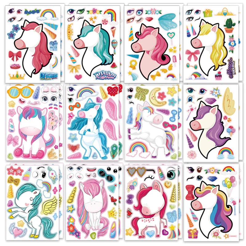 6/12Sheet Kawaii Unicorn Children DIY Sticker Make A Face Assemble Jigsaw Puzzle Stickers School