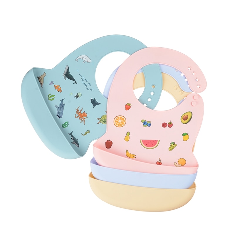 Baby Cartoon Waterproof Bibs Grade Silicone Newborn Feeding Catcher with Pocket Adjustable Apron